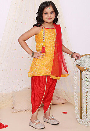 Woven Art Silk Jacquard Punjabi Suit in Yellow