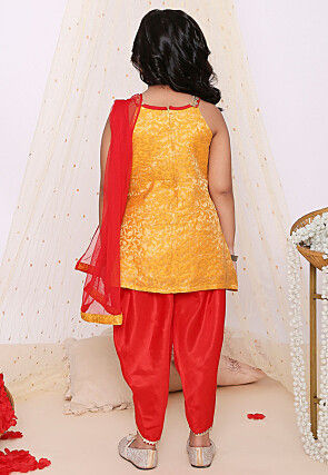 Woven Art Silk Jacquard Punjabi Suit in Yellow