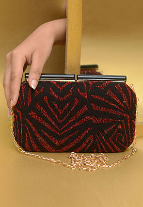Woven Art Silk Jacquard Rectangular Clutch Bag in Black and Red