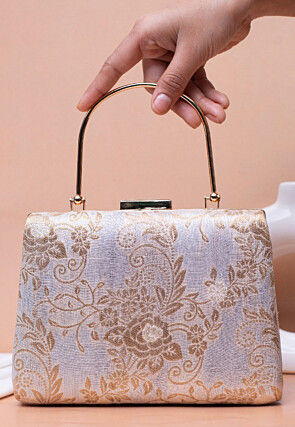 Woven Art Silk Jacquard Rectangular Clutch Bag in Grey