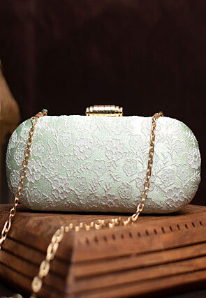 Woven Art Silk Jacquard Rectangular Clutch Bag in Pastel Green