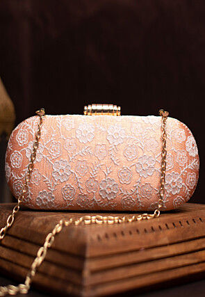 Woven Art Silk Jacquard Rectangular Clutch Bag in Peach