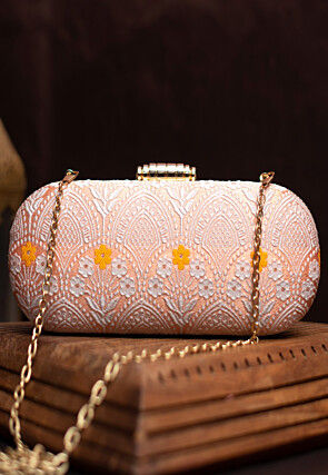 Woven Art Silk Jacquard Rectangular Clutch Bag in Peach