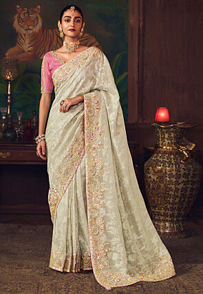 Woven Art Silk Jacquard Saree in Cream