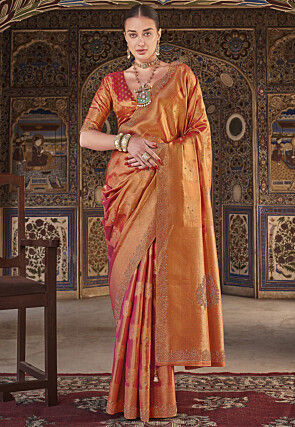 Woven Art Silk Jacquard Saree in Orange