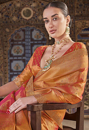 Woven Art Silk Jacquard Saree in Orange