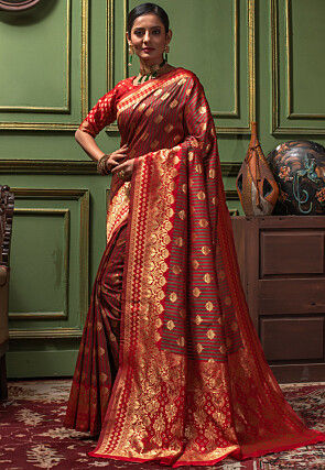 Woven Art Silk Saree in Red and Brown
