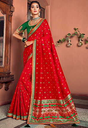 Woven Art Silk Jacquard Saree in Red