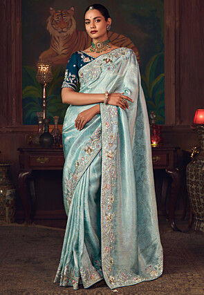 Woven Art Silk Jacquard Saree in Sky Blue