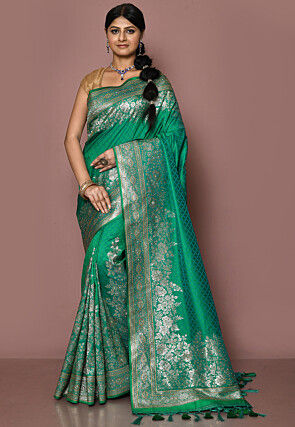 Woven Art Silk Jacquard Saree in Teal Green