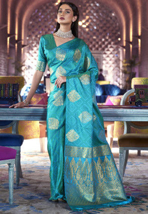 Woven Art Silk Jacquard Saree in Turquoise