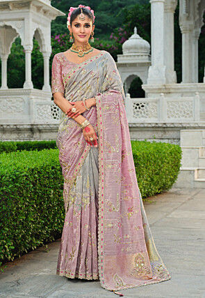 Woven Art Silk Jacquard Scalloped Saree in Grey and Pink