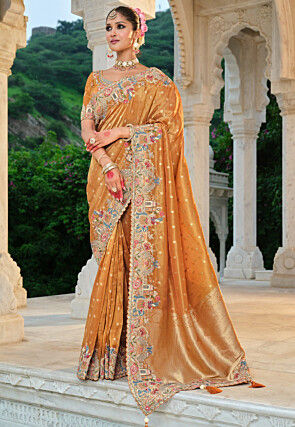 Woven Art Silk Jacquard Scalloped Saree in Mustard
