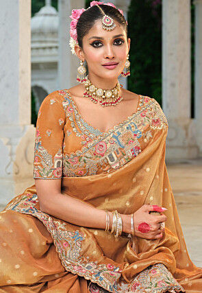 Woven Art Silk Jacquard Scalloped Saree in Mustard