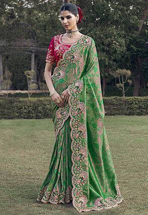 Woven Art Silk Jacquard Scalloped Saree in Teal Green