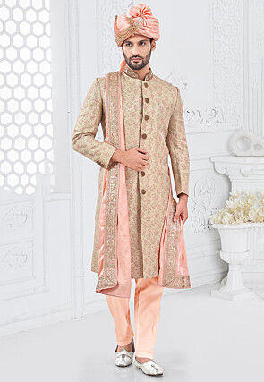Woven Art Silk Jacquard Sherwani in Beige