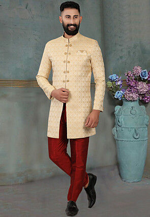 Woven Art Silk Jacquard Sherwani in Beige