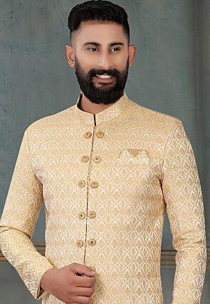 Woven Art Silk Jacquard Sherwani in Beige