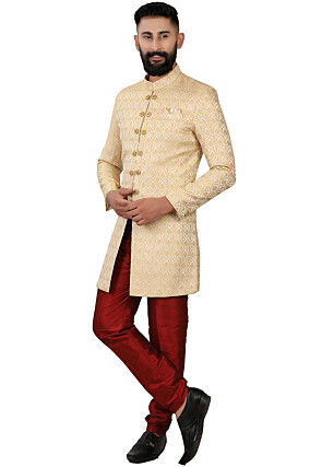 Woven Art Silk Jacquard Sherwani in Beige
