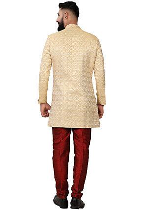 Woven Art Silk Jacquard Sherwani in Beige