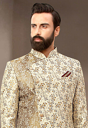 Woven Art Silk Jacquard Sherwani in Beige