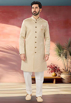 Woven Art Silk Jacquard Sherwani in Beige