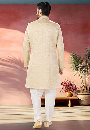 Woven Art Silk Jacquard Sherwani in Beige