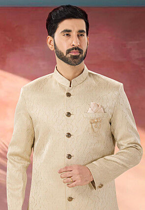 Woven Art Silk Jacquard Sherwani in Beige