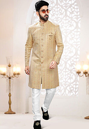 Woven Art Silk Jacquard Sherwani in Beige