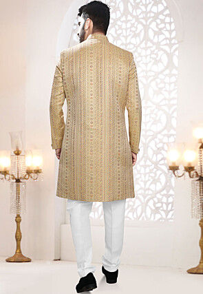 Woven Art Silk Jacquard Sherwani in Beige