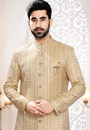 Woven Art Silk Jacquard Sherwani in Beige