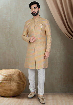 Woven Art Silk Jacquard Sherwani in Beige