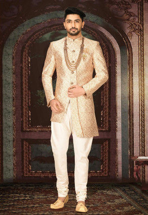 Woven Art Silk Jacquard Sherwani in Beige