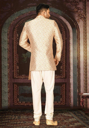 Woven Art Silk Jacquard Sherwani in Beige