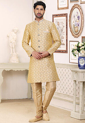 Woven Art Silk Jacquard Sherwani in Beige