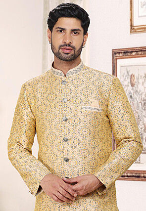 Woven Art Silk Jacquard Sherwani in Beige