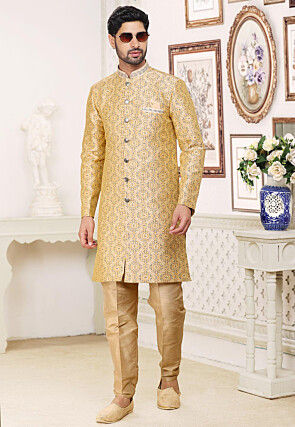 Woven Art Silk Jacquard Sherwani in Beige
