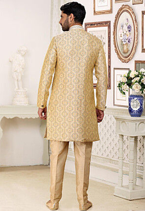 Woven Art Silk Jacquard Sherwani in Beige