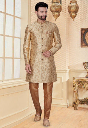 Woven Art Silk Jacquard Sherwani in Beige