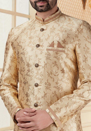 Woven Art Silk Jacquard Sherwani in Beige