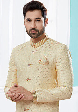 Woven Art Silk Jacquard Sherwani in Beige