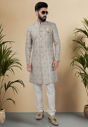 Woven Art Silk Jacquard Sherwani in Beige