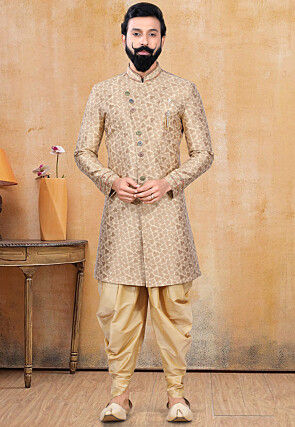 Woven Art Silk Jacquard Sherwani in Beige