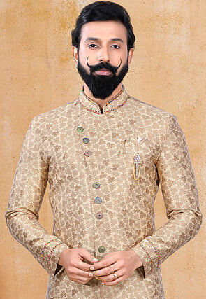Woven Art Silk Jacquard Sherwani in Beige