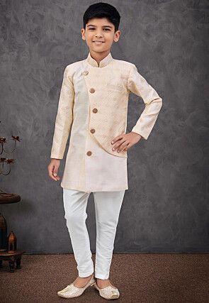 Woven Art Silk Jacquard Sherwani in Beige