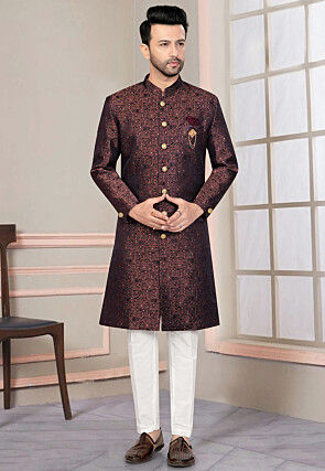 Woven Art Silk Jacquard Sherwani in Black and Old Rose