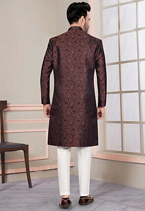 Woven Art Silk Jacquard Sherwani in Black and Old Rose