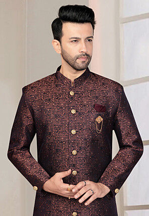 Woven Art Silk Jacquard Sherwani in Black and Old Rose