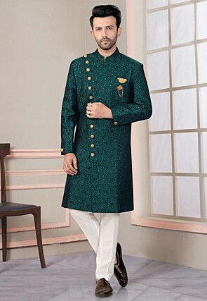 Woven Art Silk Jacquard Sherwani in Black and Teal Green