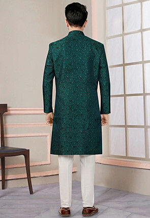 Woven Art Silk Jacquard Sherwani in Black and Teal Green
